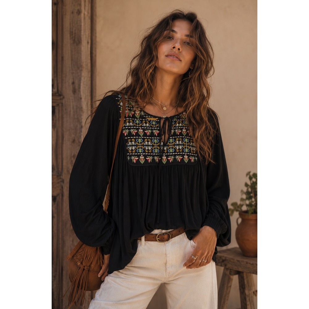 In‎ Loom Black Embroidered Boho Peasant Blouse Long Balloon Sleeve Top Small